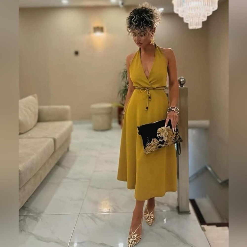 NWT ZARA MUSTARD HALTER MIDI TIE DRESS Small FINAL PRICE